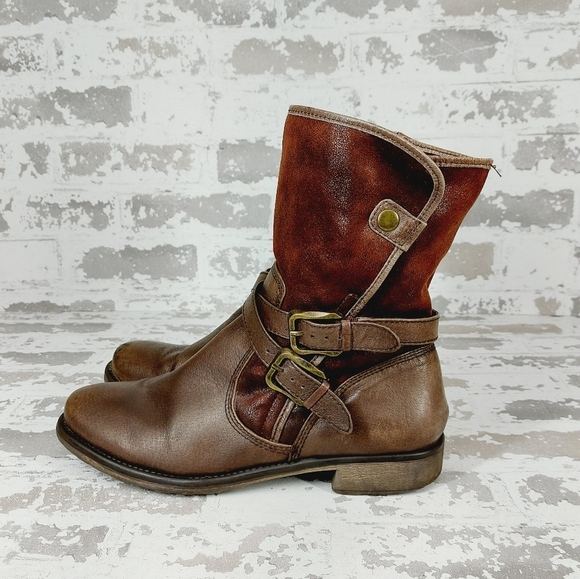 BareTraps Shoes - BareTraps Sabella Brown Leather Side Zip Straps Buckle Round Toe Moto Boots W219